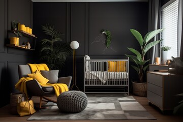 A modern nursery room with a black and yellow color scheme. The room features a crib, armchair, bookshelf, and various plants.
