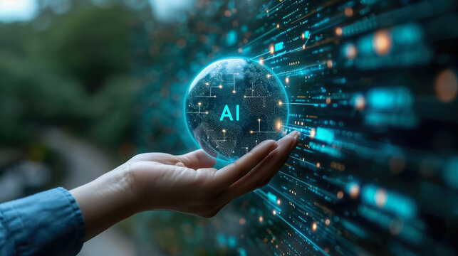 Businessman using virtual metaverse and future digital technology , Virtual Global Internet connection network with AI Artificial Intelligence digital