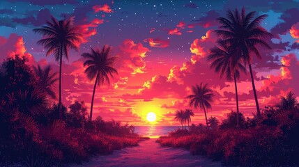 Colorful Sunset Skyoil Palm Farm Beautiful, Background Banner HD
