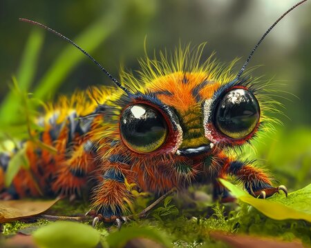 closeup bug big eyes long antennae illustration fur fluffy orange skin super adorable