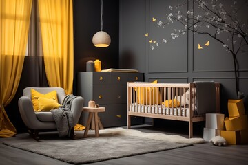 A modern and stylish nursery room with a gray and yellow color scheme. The room is decorated with a tree mural and bird decals on the wall, and a pendant light hanging from the ceiling.