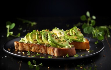 Fresh green avocado slices with toppings sprinkled on top in a photo with a black background. generative ai.