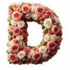 The letter D is made out of rose flowers, the Rose Alphabet, and Valentine Designs, on a White background, isolated on white, photorealistic	