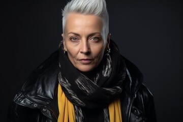 Portrait of a beautiful senior woman wearing a black leather jacket and scarf.