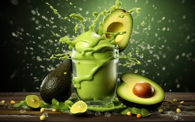A green-colored juice with a water splash effect on top and decoration of Avocado slices next to it in the photo on a wooden table. generative ai.