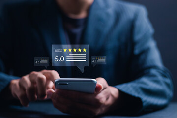 Customers use smartphone give excellent five-star ratings for service experience rating online...