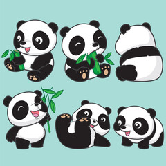 Cute panda bears flat vector illustrations set