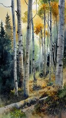 forest path trees background masterful aspen grove single ray golden sunlight princess tall thin birches park