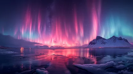 Poster Ethereal pink and blue aurora borealis over a tranquil icy landscape with mountain reflections © Rajesh