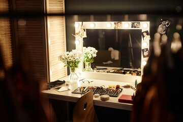Background image of makeup vanity table with lights at backstage in theater, no people