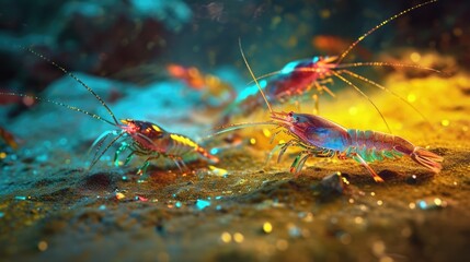 A group of neon shrimp scurrying across a luminous yellow sandy seafloor.