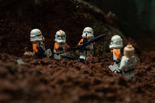 Depok, Indonesia - January 24, 2024: Lego toys photography, 212th clone troopers on battle over red soil during clone wars, bokeh background