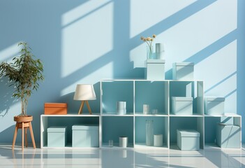 Interior of a room with blue walls, shelfs, lamp, plant and vase. Created with Ai