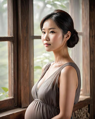 Serene Pregnancy - Broad-shouldered Fair-skinned East Asian woman in a rustic, misty, and serene environment Gen AI