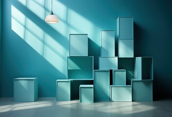 Abstract architecture background with blue walls and boxes. Created with Ai
