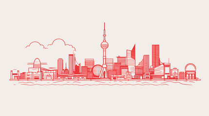 Obraz premium Abstract cityscape with iconic Japanese landmarks illustrating the seamless integration of ancient customs and modernity in urban environments inspired by Japanese culture. simple minimalist