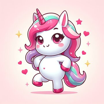 Funny cute little white unicorn mascot on a pink background