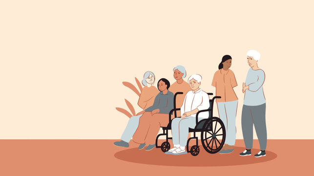 Vector illustration of diverse caregivers assisting elderly individuals with everyday activities  representing the collaborative and supportive aspects of caregiving in a meaningful vector art