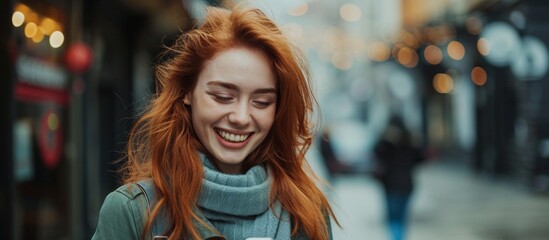 Smiling redhead woman confidently chatting on her phone in the street.