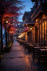 Fototapeta na wymiar Bustling urban street with illuminated bars and restaurants at twilight, Generative AI