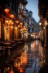 Fototapeta na wymiar Bustling urban street with illuminated bars and restaurants at twilight, Generative AI