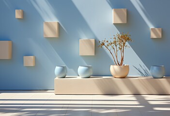Modern living room with blue walls, wooden floor and vase. Created with Ai