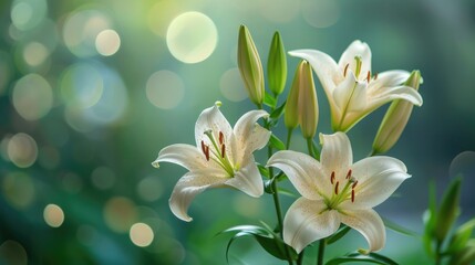 Fototapeta na wymiar Beautiful lily flowers on a green light background