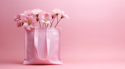 A pink bag with flowers inside is pictured in front of the ping wall. generative ai. - obrazy, fototapety, plakaty
