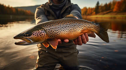 Obraz premium The fisherman holding a trout in hand in lake with mountain backrounds
