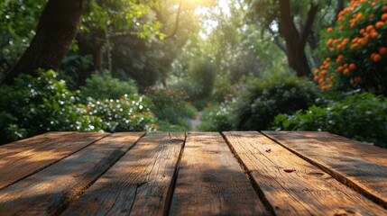 Fototapeta premium Empty Top Wooden Table Blurred Nature, Background Banner HD