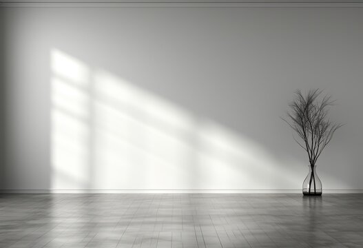 Interior of a room with white walls, wooden shinny floor and vase. Created with Ai