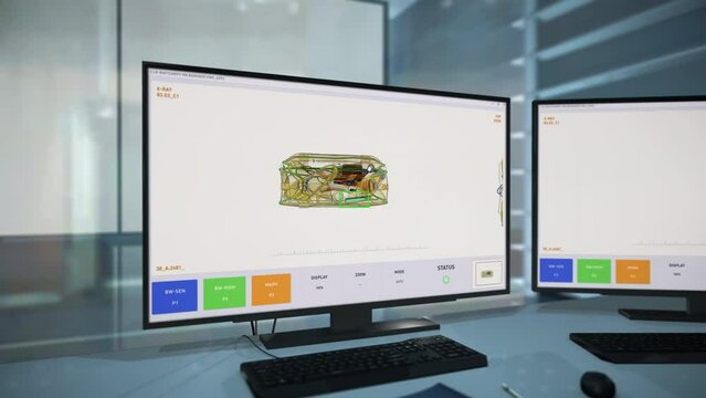 Digital Luggage X-ray Scanning Process On A Visual Display Unit. Prohibited Alcohol Flask Detected On The X-ray Visual Display. X-ray Visual Display Used In An Airport Sensor System.