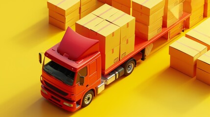 red truck with a load of boxes on a yellow background