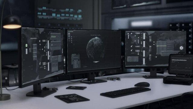 Phantom spy system examining the collected data. Phantom spy system searching for the cyber criminal on the planet map. Phantom spy system identifies the position of the target computer. Tracking.