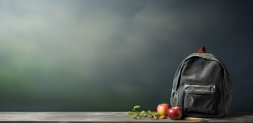 A school bag on a table in the photo in front of a textured gray wall. generative ai.