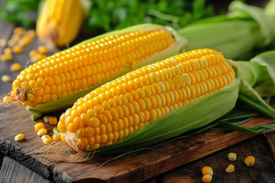 two ears corn cutting board leaves young irresistible loss molecular cohesion stock long cropped now bite ship