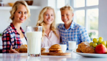 Obraz na płótnie Canvas Happy family having breakfast at home. Focus on the glass of milk