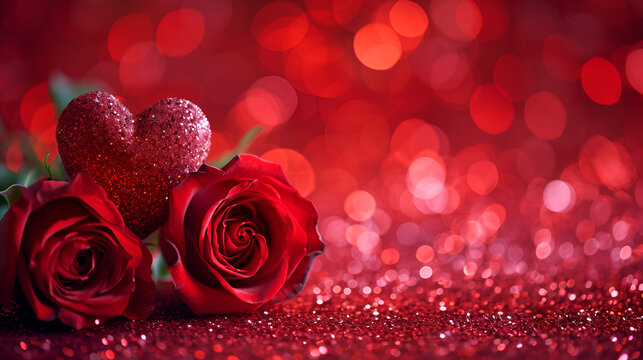 Valentines Day background with heart and roses, copy space, generative ai