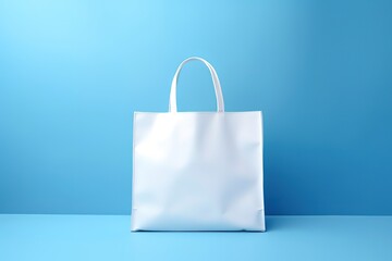 White shopping bag made of paper in the photo in front of a blue wall. generative ai.