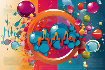 Obraz premium Pulse of Wellness. A dynamic color poster with bubbles and heartbeat rhythm, promoting elements of sport and a healthy lifestyle in vibrant vector illustration.