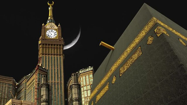 Timelapse of Holy mosque of Mecca and Makkah Clock Royal Tower. Haram Mosque minaret in a cloudy day. Mecca, Islam&rsquo;s holiest city and the central Masjid al-Haram, Sacred Mosque surrounds the Kaaba. 