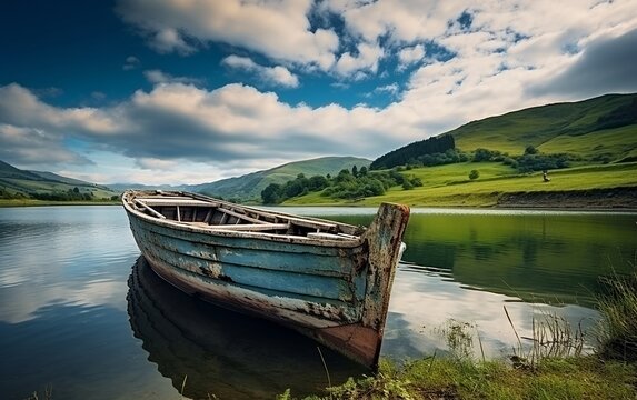 Old rusty fishing boat along the shore of the lake with clouds