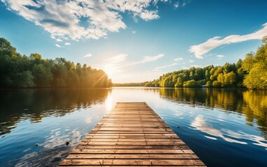 A pier on a lake with clouds and a beautiful landscape