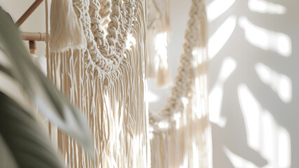 A beautiful blend of nature and art, with a macrame hanging elegantly alongside a lush, green plant.