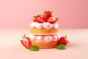 Vanilla Sponge Cake with Fresh Strawberries, on pink background, Generative AI
