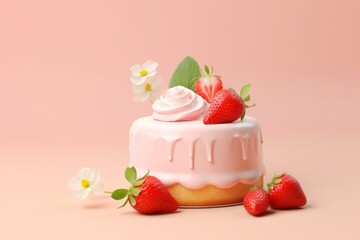 Vanilla Sponge Cake with Fresh Strawberries, on pink background, Generative AI