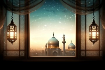 Eid mubarak and ramadan kareem greetings with islamic lantern and mosque. Eid al fitr background