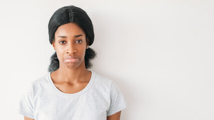 Disappointed girl. Dissatisfied mood. Sad frustrated displeased woman facial expression negative...