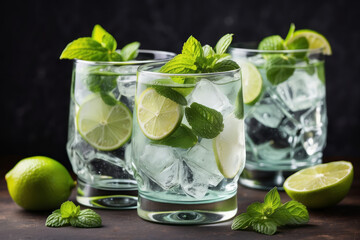 Refreshing gin and tonic cocktails with mint and lime, generative AI