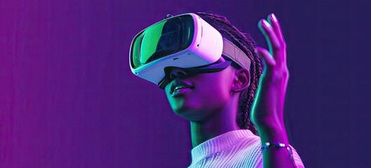 African studio future unfolds vibrantly young man face alight with innovation dons VR technology. Tech glasses gateway to virtual reality blend modernity with digital age. headset symbol of futuristic
